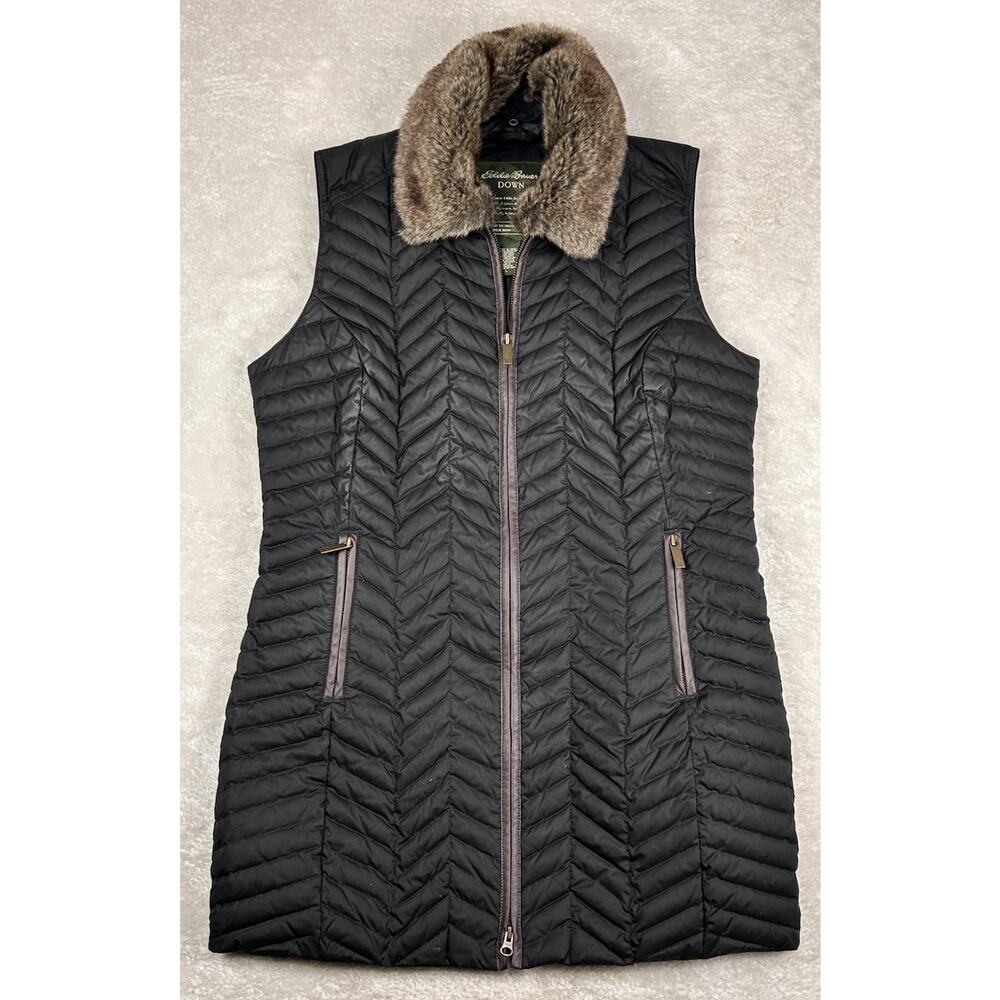 Eddie Bauer Down Vest Womens Large Black Quilted Removable Faux Fur Collar Goose